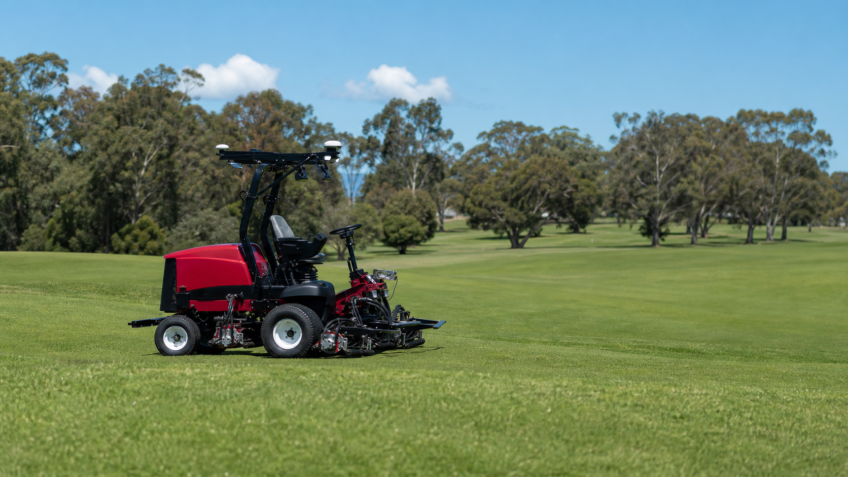 AI Smart Mower Kit installed on a mower operating on a golf course